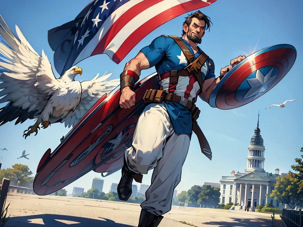 Abraham Lincoln dressed as if he were Captain America, with the White House in the background on a sunny day, eagles flying and a beautiful United States flag in the background, superhero hq style