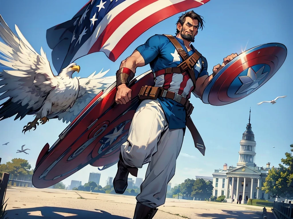Abraham Lincoln dressed as if he were Captain America, with the White House in the background on a sunny day, eagles flying and a beautiful United States flag in the background, superhero hq style