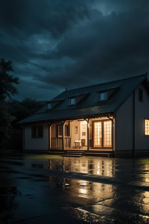 house with rain falling at night