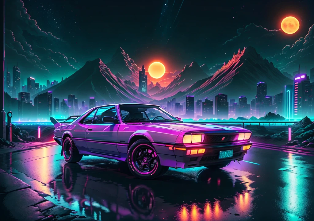 retrowave. city, car, road, purple neon lights, sun, mountain, (masterpiece,detailed,highres),
