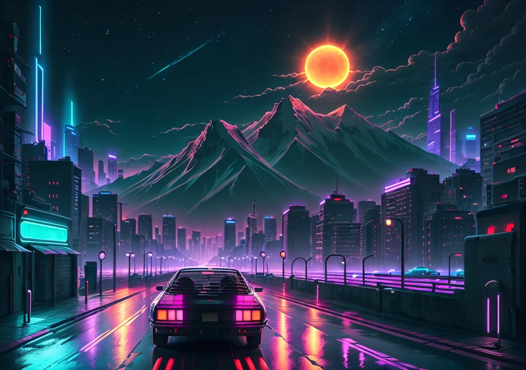 retrowave. city, car, road, purple neon lights, sun, mountain, (masterpiece,detailed,highres),