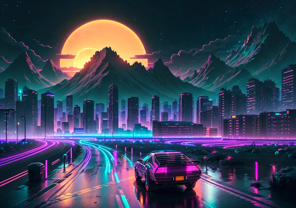retrowave. city, car, road, purple neon lights, sun, mountain, (masterpiece,detailed,highres),
