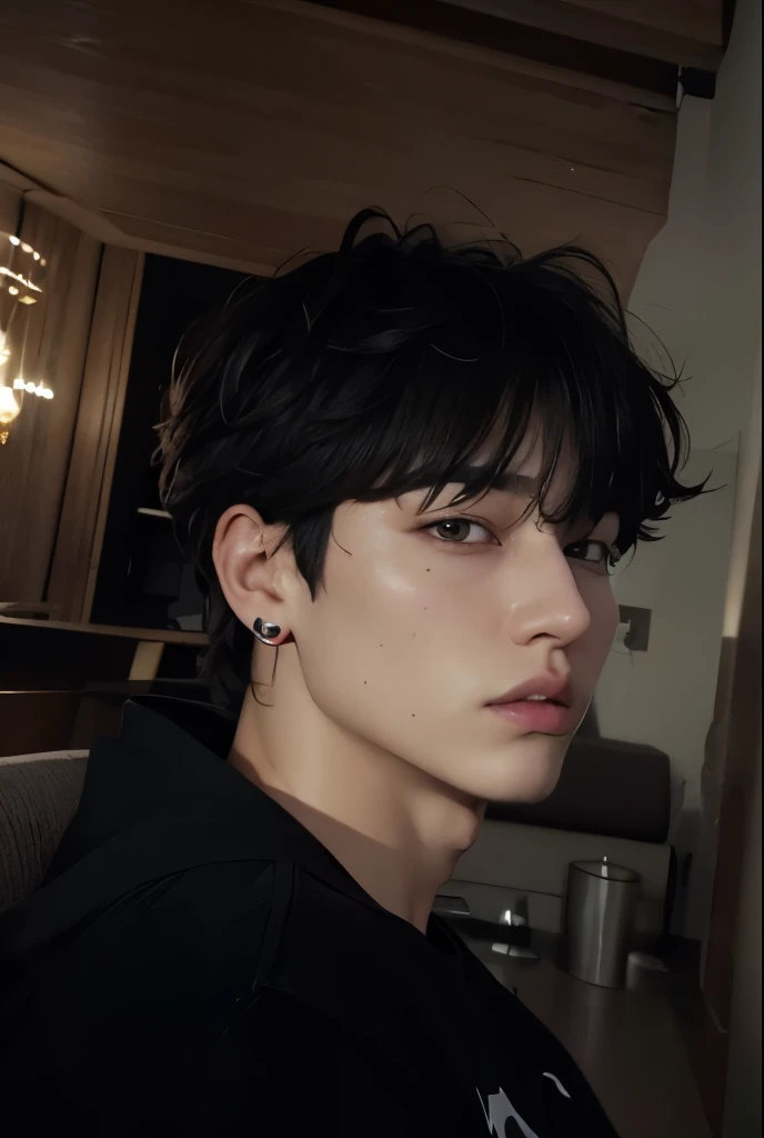 um close de jeom Jungkook com uma camisa preta e brincos, Jeon jungkook sitting on a couch with a cell phone, Jungkook/'s right eyelid swollen, Jeon jungkook, Jungkook,Jungkook, Jungkook\Plump lips, Jungkook/nariz grego, realista, Jungkook do BTS, Grupo BTS, androgynous face, Seseon Yoon, Foto de perfil do headshot, taken in the early 2020s