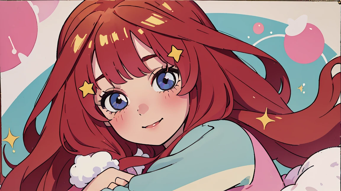 ((best quality)), ((masterpiece)), (detailed), perfect face, 1girl, nakano itsuki, smiling, whimsical, triad color pallette, hugging knees, looking at viewer, pink water droplets, smiling, flat colouring, full body, blank space on the left, fluffy red hair, star hairclips