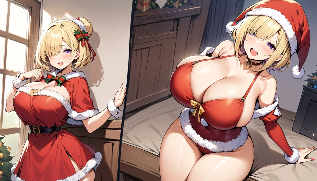 ((Best Quality)), ((Masterpiece)), (detailed), 1 girl, Pastel yellow hair, wide, hair covers one eye, purple eyes, tight, big breasts, big thighs, christmas costumes, at home, happy, thrilled