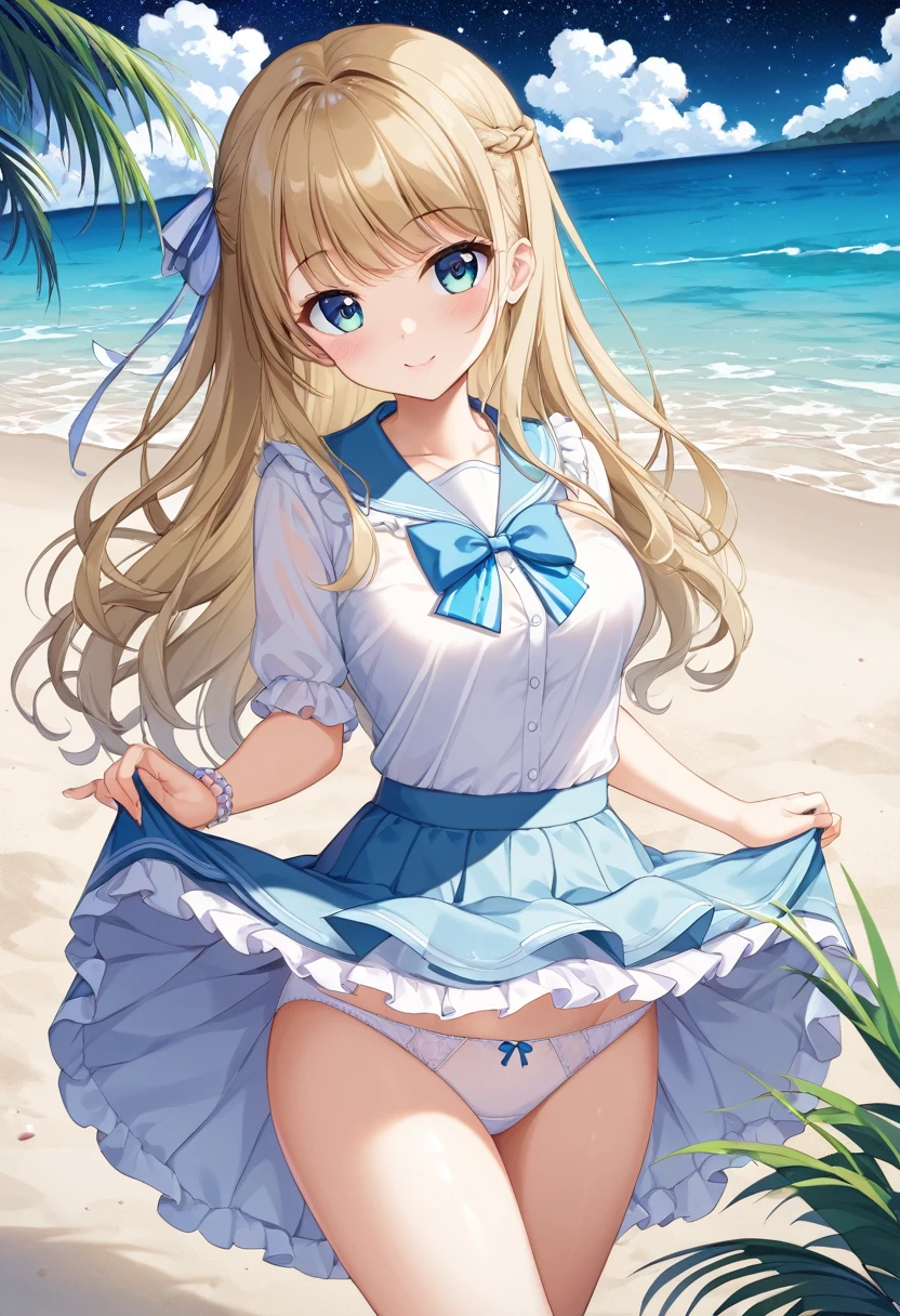 A cute white shirt that makes her look beautiful 、Light blue frilled flared skirt、She holds up her skirt with both hands、Showing off her cute white underwear、The white underwear you can see when you lift up your skirt is cute、Sandy Beach, Beautiful sea, Night and starry sky