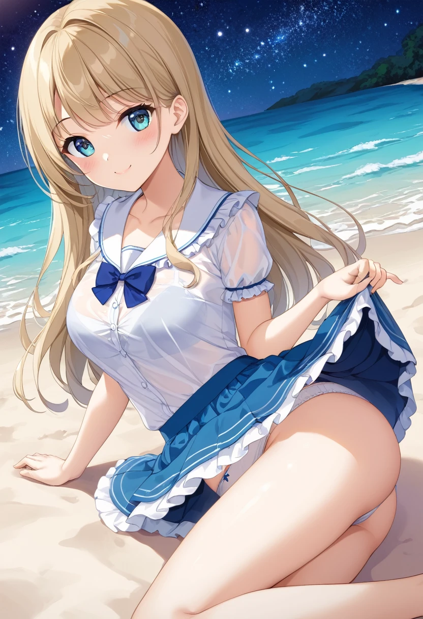 A cute white shirt that makes her look beautiful 、Light blue frilled flared skirt、She holds up her skirt with both hands、Showing off her cute white underwear、The white underwear you can see when you lift up your skirt is cute、Sandy Beach, Beautiful sea, Night and starry sky