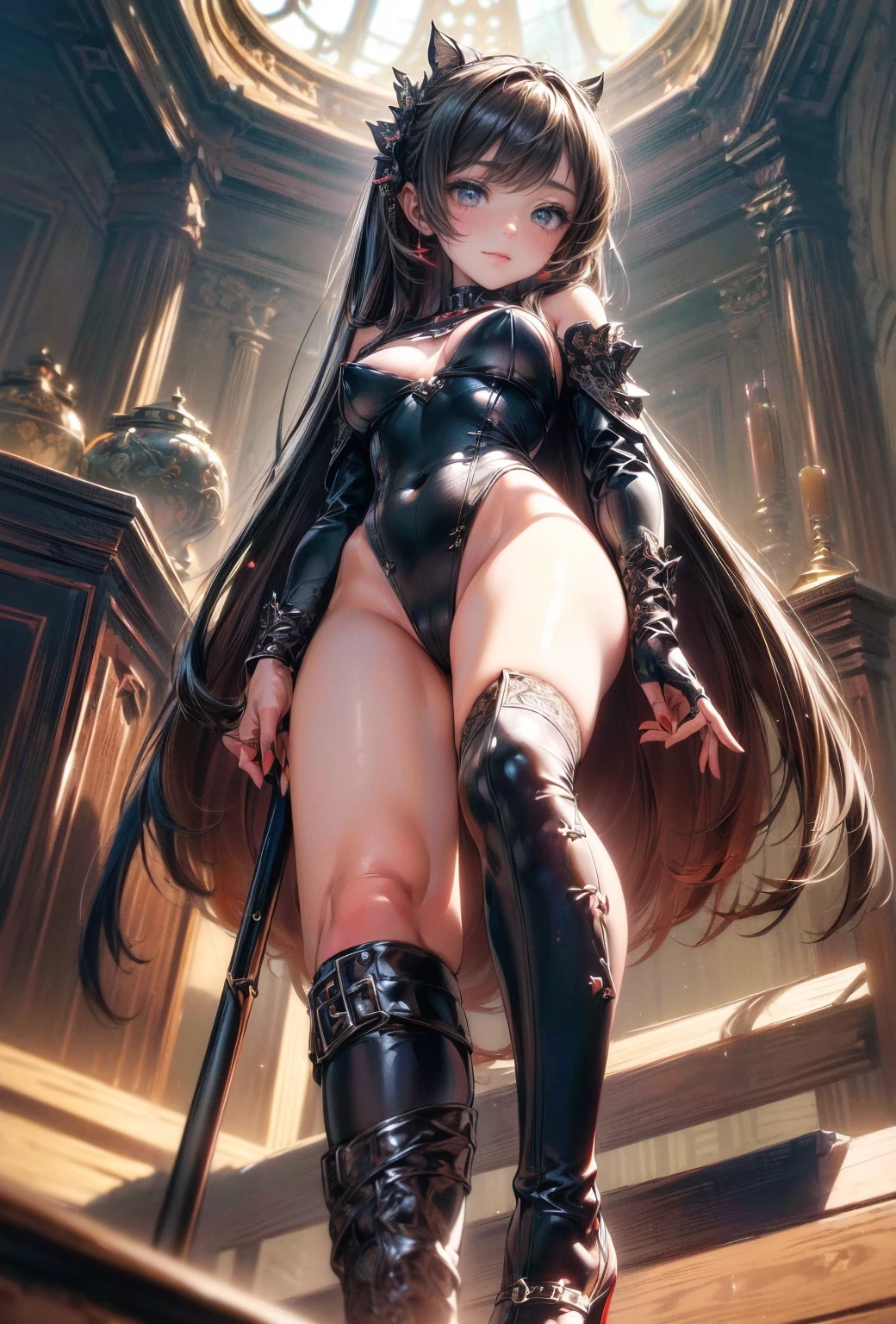 nsfw、(masterpiece, Highest quality, Super detailed:1.3), Perfect composition, 4K, (Very detailed, Super detailed),(Angle from directly below the girl:1.5), Ultra-thin enamel high-leg bodysuit、Ultra-thin long gloves、Knee-high boots, High resolution, 8k Texture, Attention to detail, Very detailed肌の質感, Magnificent details, High Sharpness, One girl, (Fine grain:1.3), (25-year-old woman:1.3),(SM Mistress:1.3)、（A sadistic smile with the corners of the mouth turned up）、（Mouth showing teeth）、(Stomp on the viewer with the heel of your heel:1.5）、(Looking down on the viewer:1.3)