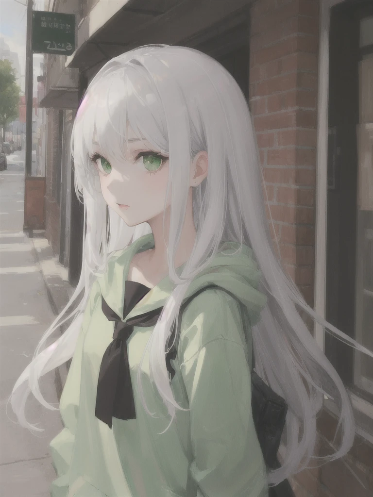 1girl, white long hair, green eyes, black school form,