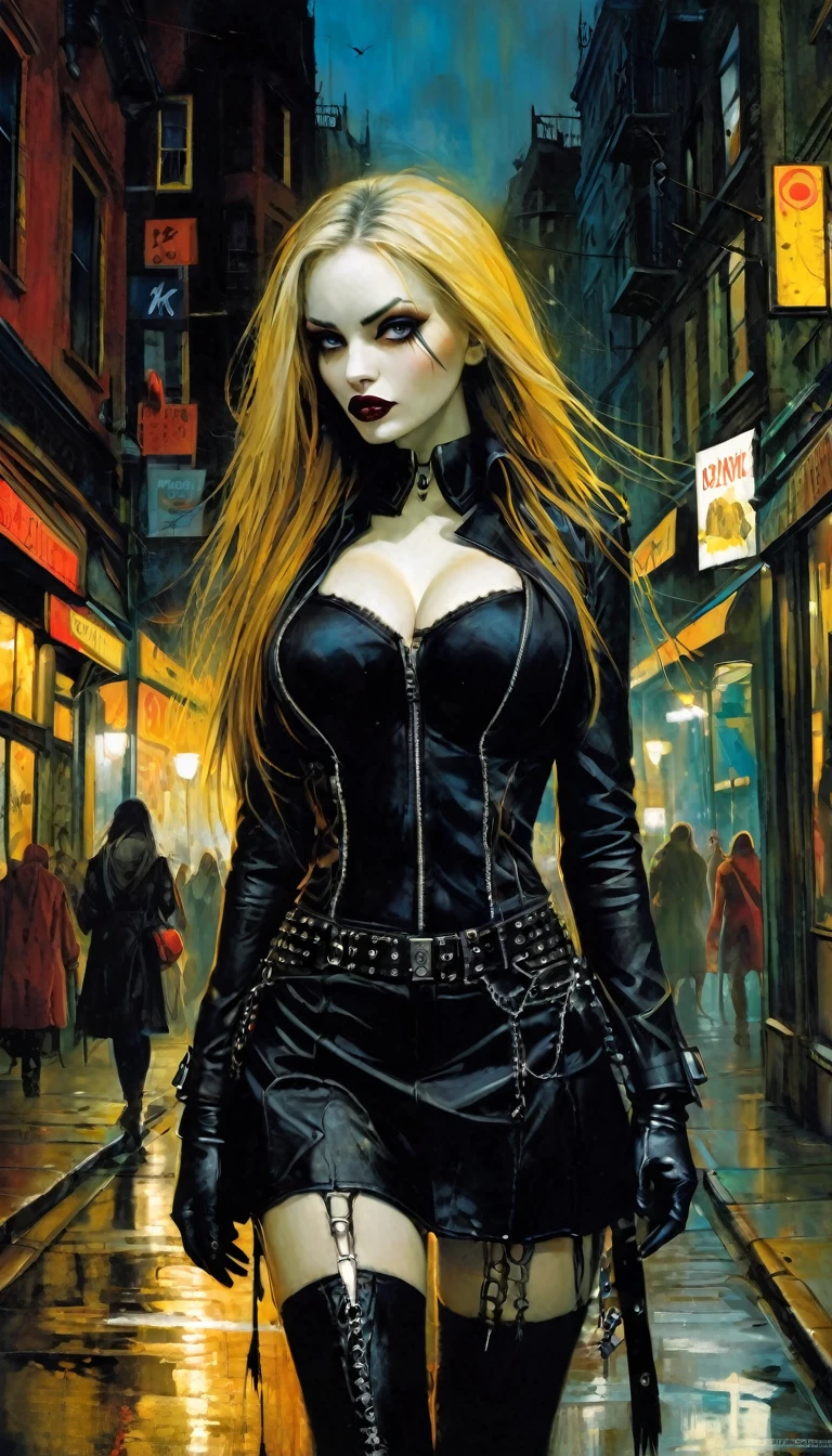 a sexy girl with a punk-gothic appearance and long hair, in the streets of the city of vampires:1.5 (art inspired by Bill Sienkiewicz, oil painting) (best quality,4k,8k,highres,masterpiece:1.2),ultra-detailed,(realistic,photorealistic,photo-realistic:1.37),intricate details,vivid colors,sharp focus,professional,Dave McKean artwork, oil touch of surrealism,oil painting style