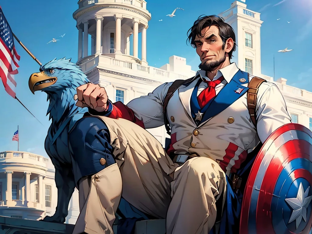 Abraham Lincoln dressed as if he were Captain America, with the White House in the background on a sunny day, eagles flying and a beautiful United States flag in the background, superhero hq style