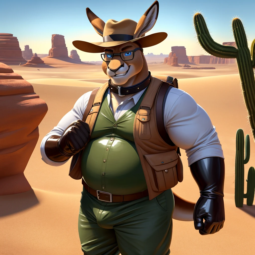 Male, fat, elderly, extremely obese, Kangaroo, blue eyes, (posing:1.3), (soft shading), 4k, hi res, ((detailed face, detailed)), looking at viewer, evil grin, desert, cactus, shirt, hat, male focus, Explorer Outfit, glasses, pants, bag, vest, backpack, sleeves rolled up, round eyewear, brown headwear, brown vest, Kangaroo is wearing a glossy leather dog collar around the neck, Kangaroo is wearing the leather collar and shirt and vest at the same time, Kangaroo is wearing glossy white rubber gloves on the hands, gloves are rubber in texture, clenching teeth, clenching fists, leather collar is glossy and shiny with a lot of detail.