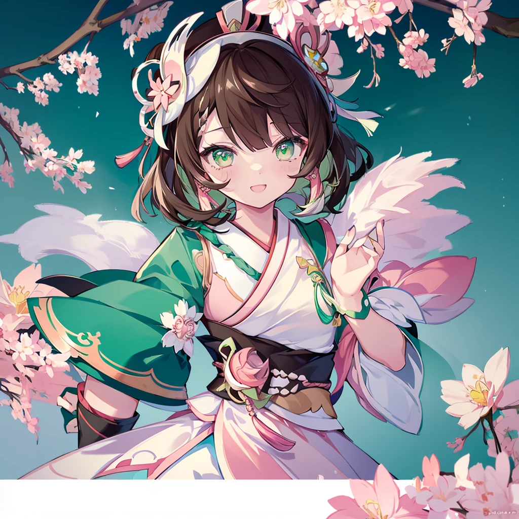 ((Genshin impact style lineart)) (masterpiece), (high quality), 1 girl, 16 years, female and curvy body, white skin, freckles, ((long, and wavy dark-brown hair)), ((green and bright eyes)), she has a cheerful, kind and sweet expression, pink lips with a big smile, designs from East Asian, Game character costume design, Japanese clothing style with a green and light pink color palette, japanese accessories, ((White background, sakura, cute and colorful pink details)), ((portrait panting)), intricate details, lens flare，ultra high resolution，sharp focus，HD，8k，clear facial features，clear details，beautiful eyes，beautiful face