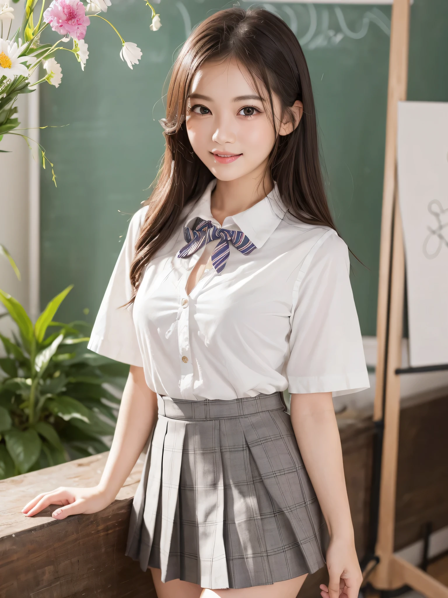 (1girl), (round eyes:1.2), (highly detailed face and eyes), refreshing smile, Amazing face and eyes, (school uniform, skirt:1.3), cleavage, (Best Quality:1.4), (Ultra-detailed), (extremely detailed CG unified 8k wallpaper), Highly detailed, High-definition raw color photos, Professional Photography, Realistic portrait, indoors, (casual room, cute wallpapers:1.3), (A moment of relaxation), model, (studio photo shoots with cute backgrounds), flower decorations, depth of fields, (fine face:1.2), summer,