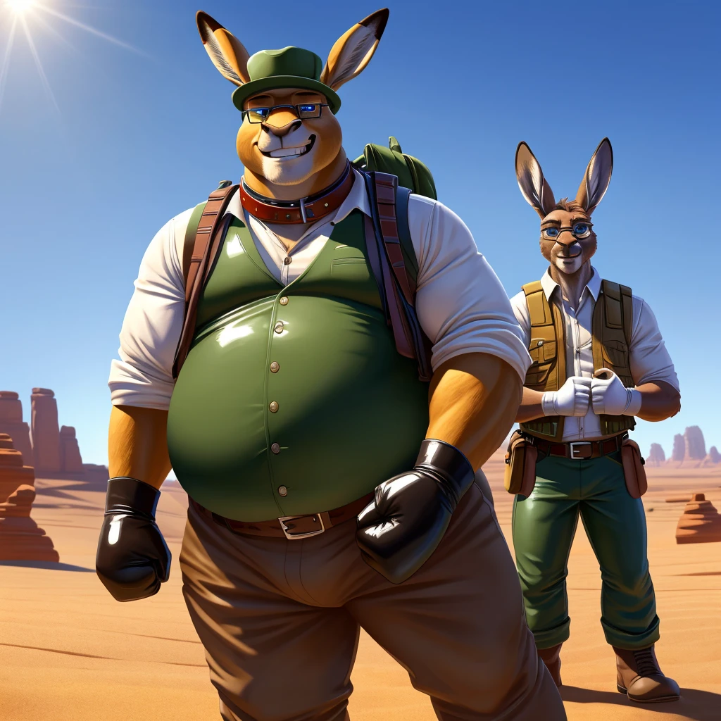 Male, fat, elderly, extremely obese, Kangaroo, blue eyes, (posing:1.3), (soft shading), 4k, hi res, ((detailed face, detailed)), looking at viewer, evil grin, desert, cactus, shirt, hat, male focus, Explorer Outfit, glasses, pants, bag, vest, backpack, sleeves rolled up, round eyewear, brown headwear, brown vest, Kangaroo is wearing a glossy leather dog collar around the neck, Kangaroo is wearing the leather collar and shirt and vest at the same time, Kangaroo is wearing glossy white rubber gloves on the hands, gloves are rubber in texture, clenching teeth, clenching fists, leather collar is glossy and shiny with a lot of detail.