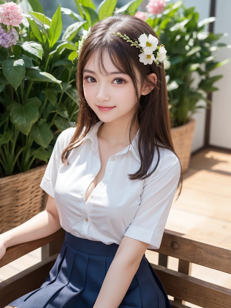 (1girl), (round eyes:1.2), (highly detailed face and eyes), refreshing smile,  Amazing face and eyes, (school uniform, skirt:1.3), cleavage, (Best Quality:1.4), (Ultra-detailed), (extremely detailed CG unified 8k wallpaper), Highly detailed, High-definition raw color photos, Professional Photography, Realistic portrait, indoors, (casual room, cute wallpapers:1.3), (A moment of relaxation), model, (studio photo shoots with cute backgrounds), flower decorations, depth of fields, (fine face:1.2), summer,