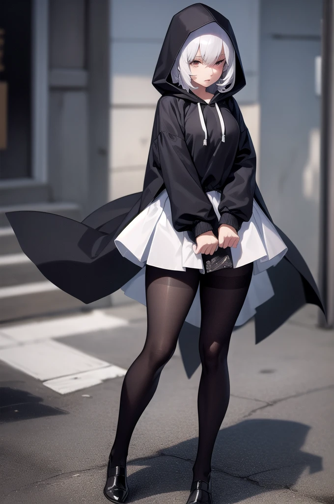 1 girl, clothes puller, large clothes, hooded cloak, naked hooded cloak, sweater tug, Tuuli, implied pantyhose, pantyhose,, work of art, best qualityer, highy detailed