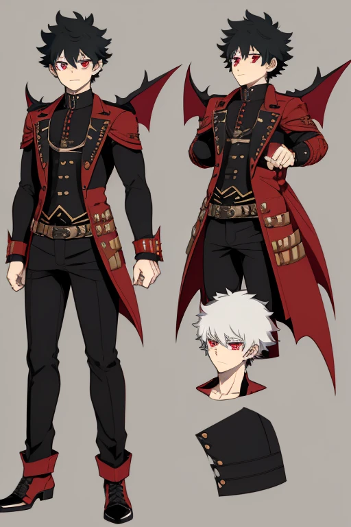 Izuku Midoriya character sheet from My Hero Academia, Vampire, incubus, red eyes and white hair, bat wings, black clothes, black steampunk pants, red shirt, black vest, pale skin. Looking directly at the viewer