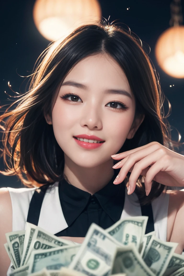 High Detail, Super Detail, Ultra-high resolution, Counting the money,happy,Stars flew around her, Delicate face, Add a fun atmosphere ,