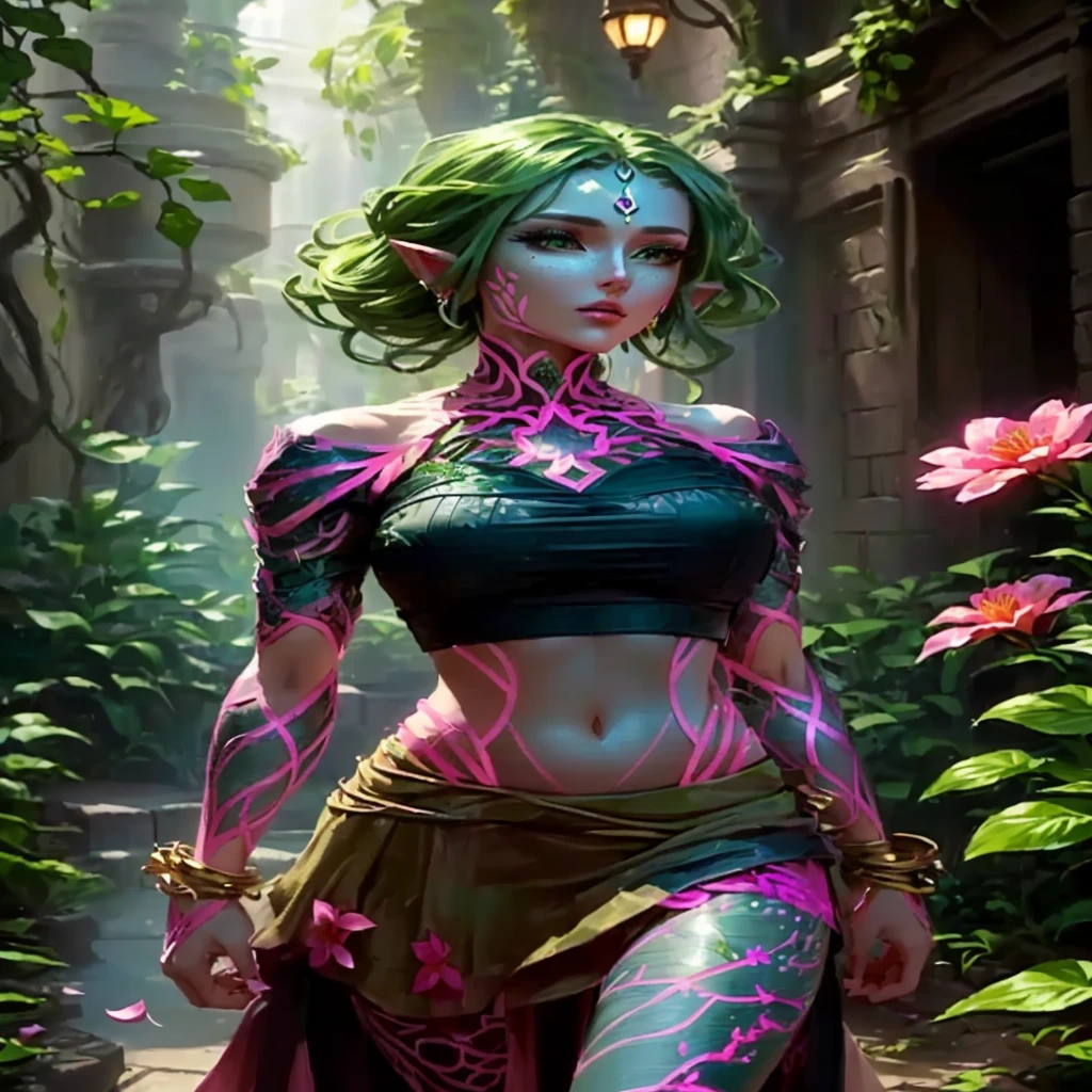 A woman with a pink petal crop top and short skirt, And pink petal bracelets on her wrists and ankles, She has green vines merged with her skin (Green Energy Veins), Alraune, Fantasy Plant species.