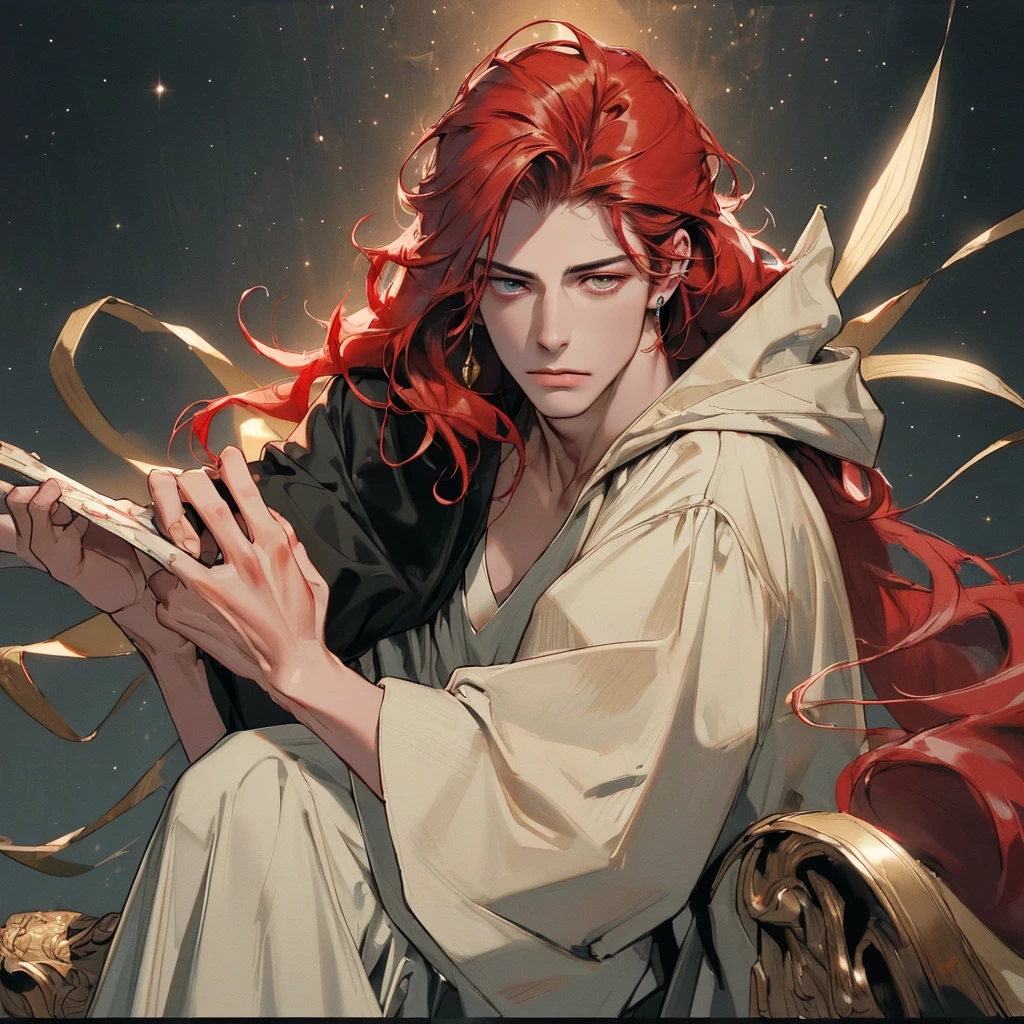(((8K, RAW photos, Best quality, tmasterpiece: 1.4))), Ultra-high resolution, ultra - detailed, lamplight, Close-up cleavage, Handsome men, gold eyes, (Detailed eyes, The eyes are bright:1.2), (Medium long red hair), pale-skinned, ear piercings, dark, Blackn clothes, Meticulous clothes, gold accessories on clothes, (perfect anatomia:1.2), Highqualityshadow, natural lightting, (White highlights:1.2), natta, overcast day, (starrysky:1.2)