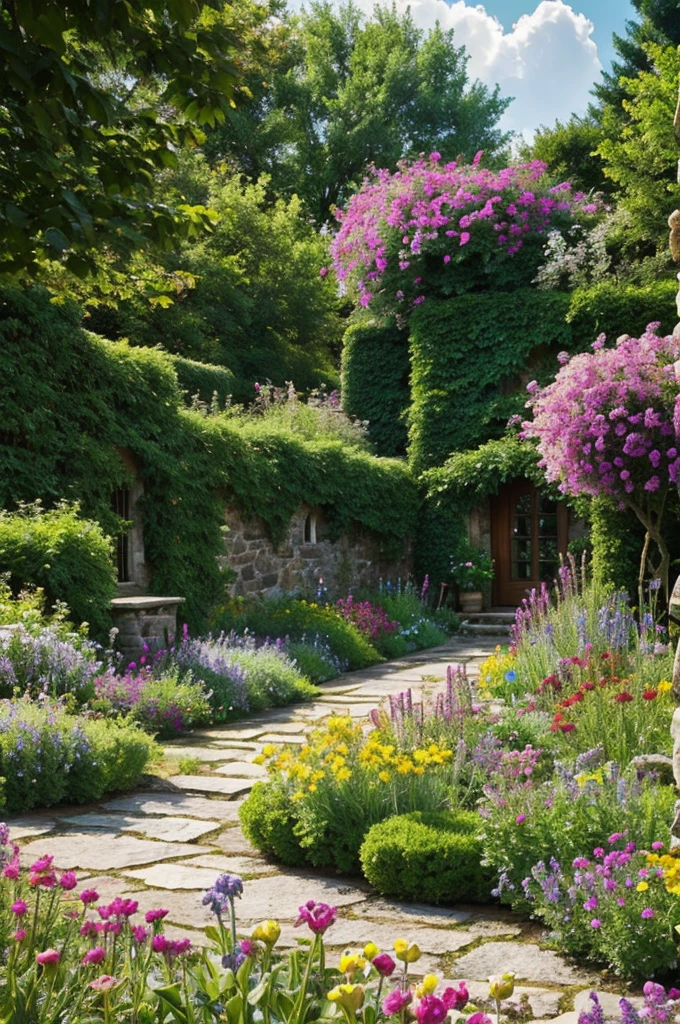 Old stone house colorful garden 