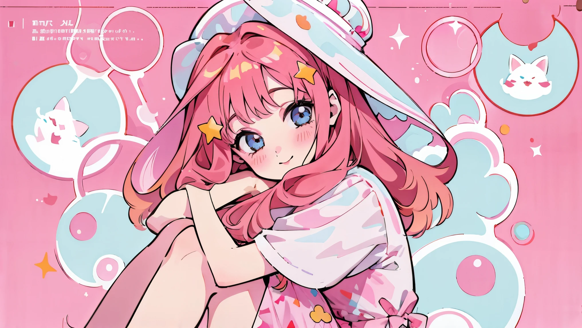 ((best quality)), ((masterpiece)), (detailed), perfect face, 1girl, nakano itsuki, smiling, whimsical, triad color pallette, hugging knees, looking at viewer, pink water droplets, smiling, flat colouring, full body, blank space on the left, fluffy red hair, star hairclips