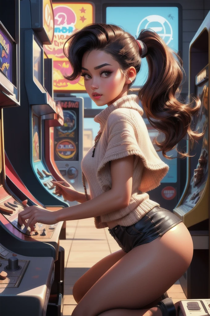 (ultra realistic,32k, masterpiece:1.2),(high detailed skin:1.1),( high quality:1.1),
detailed hair,
intricate detail,
(detailed realistic background:1.3),
realistic lighting,
[cinematic lighting|sunset lighting],
masterpiece,
high quality,
32k,
hyperrealism,
soothing tones,
muted colors,
high contrast,
soft light,
sharp,
artistic photoshoot, senior,cute,slender,european, eyes,pale cheeks,square face shape with angular jaw,natural "no-makeup" makeup,detailed hair,small breasts,legs, perfect fingers,black stockings,wearing 90's inspired clothing, including Colorblock knit capelet and palazzo bottoms ,Caramel voluminous ponytail,
Retro Arcade Corner: A playful retro arcade corner features vintage arcade machines, pinball tables, and classic gaming consoles. Patrons can reminisce about their favorite childhood games while enjoying their favorite beverages.