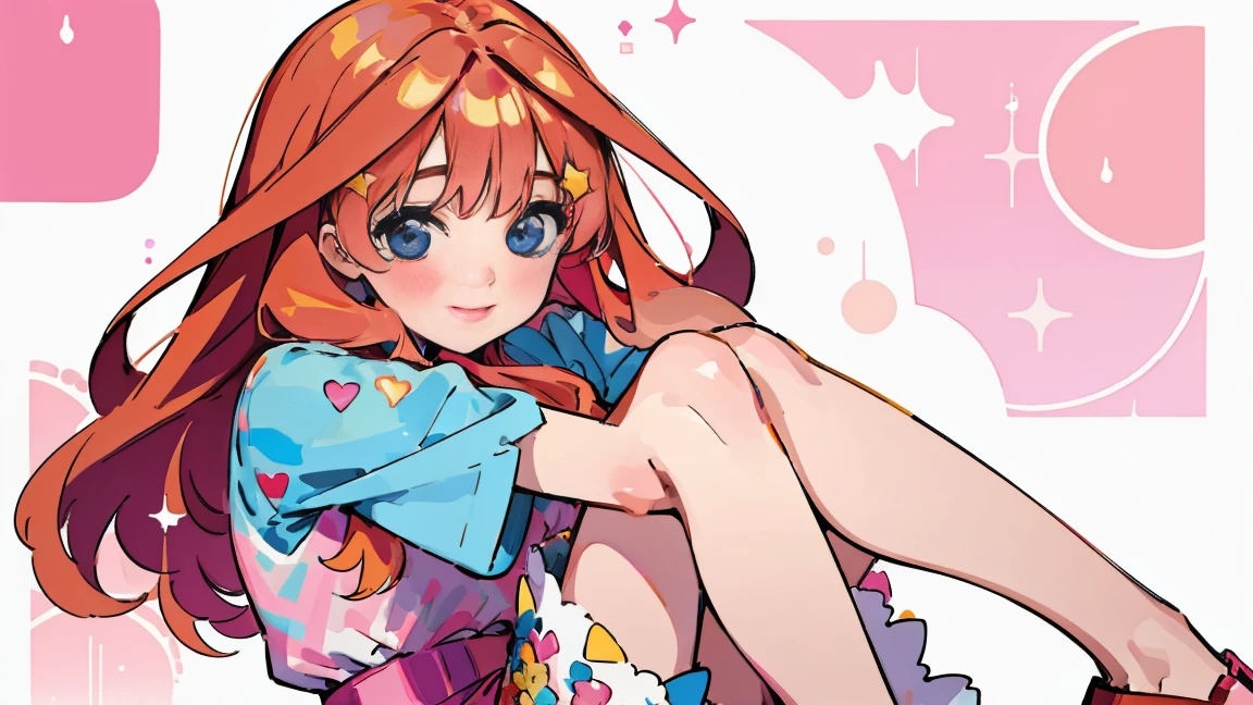 ((best quality)), ((masterpiece)), (detailed), perfect face, 1girl, nakano itsuki, smiling, whimsical, triad color pallette, hugging knees, looking at viewer, pink water droplets, smiling, flat colouring, full body, blank space on the left, fluffy red hair, star hairclips