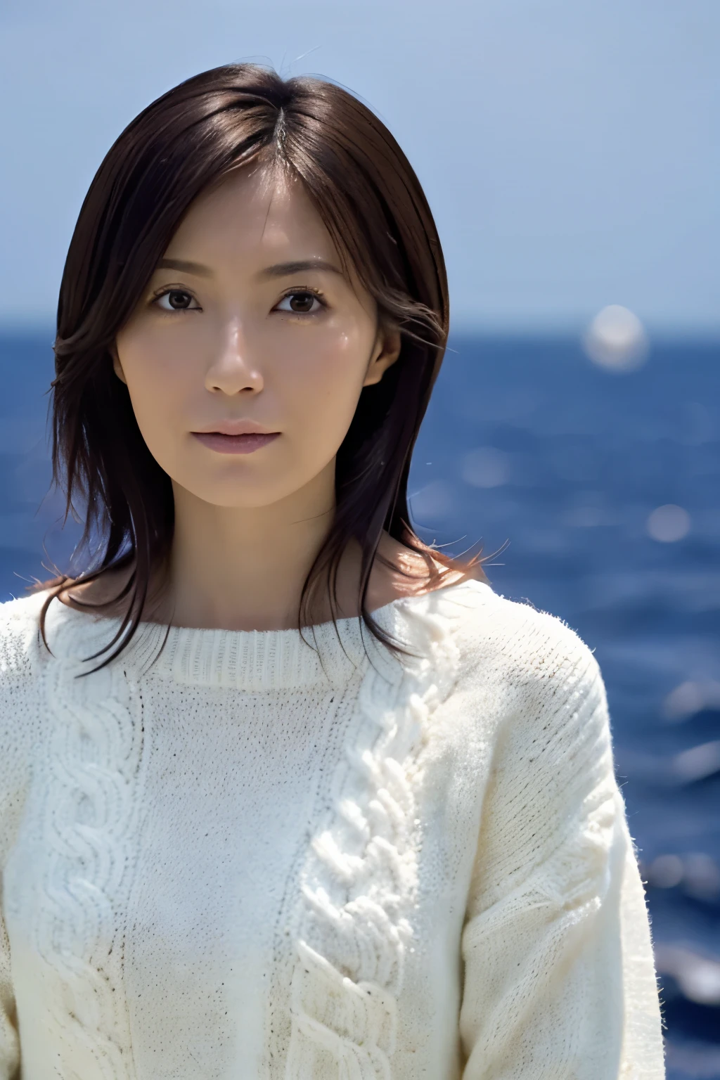 (knitwear), (top-quality, masterpiece:1.3, Super high resolution), (Photorealsitic:1.4, RAW shooting), Ultra-realistic capture, A highly detailed, high-definition 16K for human skin, Wistful, A skinny Japanese woman, 30 years old, cute face, ((Sadness face)), detailed face, detailed eyes, ((correct anatomy)), A dark-haired, Middle hair, ((Background of the sea in a starry night)), (((looking up afar at starry sky))), hair blowing in the wind