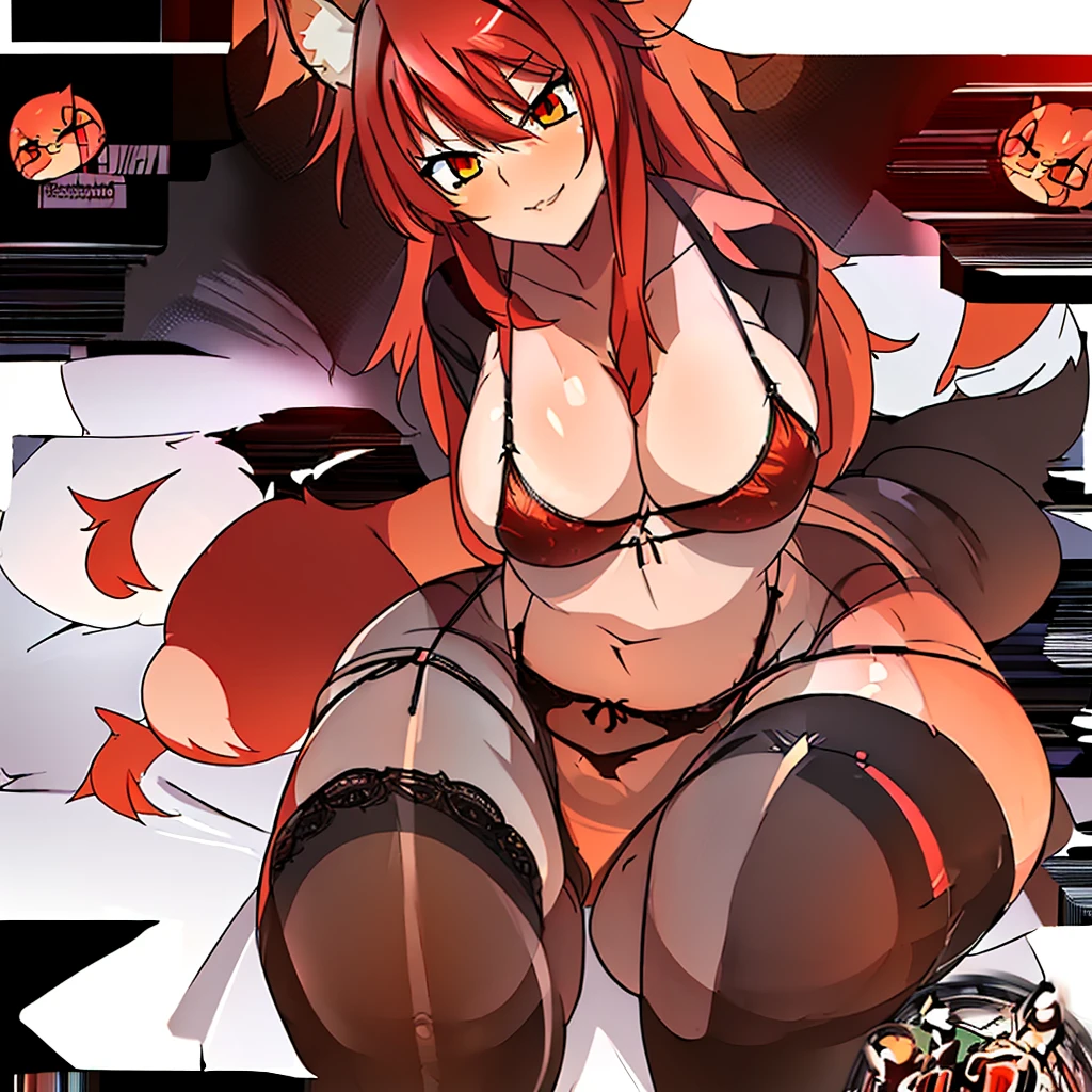 (remover censura), ((((sensuous))), best qualityer, masterprice, 1 girl, raytracing, face detailed, 8 k wallpaper, (high resolution), ssmile, breasts big, Transparent underwear, Buttocks, lying on a bed, long hair, Stockings, lace trim panties, legs spread open, animal ears, bangss, fox ears, gazing at viewer, fox tail, へそ,