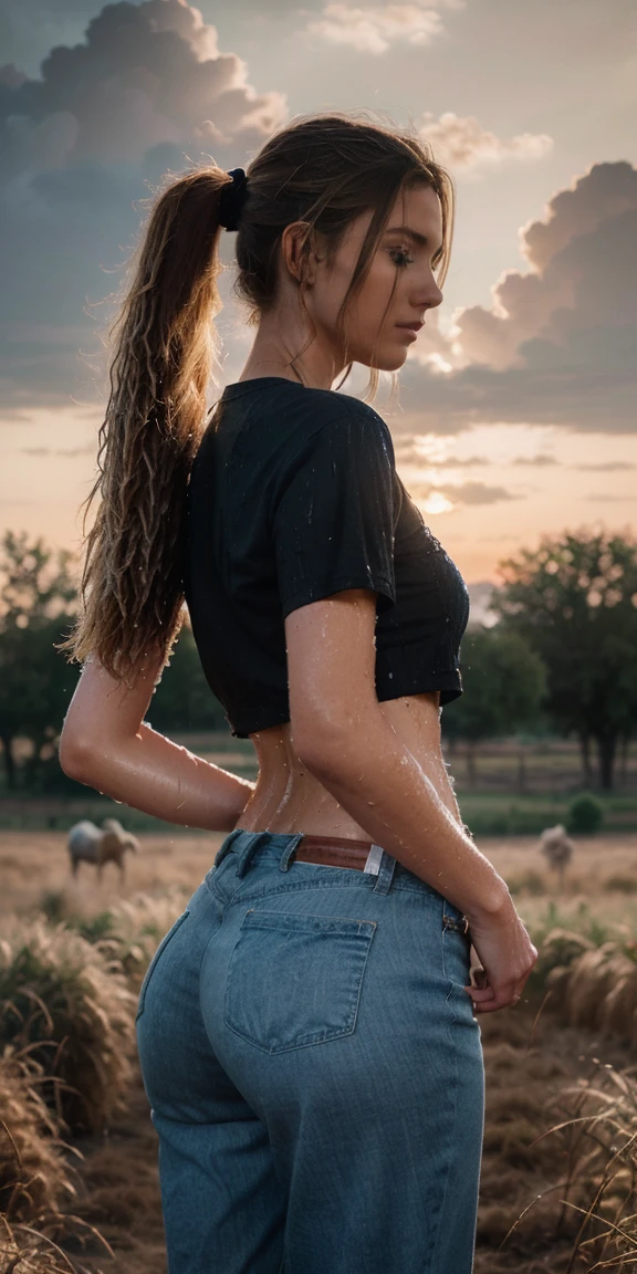 High resolution illustrations, incomparable masterpiece, Ultra-realistic 8k CG, perfect work of art, (fidelity: 1.5), Farm, Rancho, ((evening)), cloudy, ((Lindsay Marie Brewer)), (((Alone))), wet hair, by rubio, single ponytail, Huge , big ass, Natural makeup, ((Casual clothes, Cowboys)), character in the middle, standing.