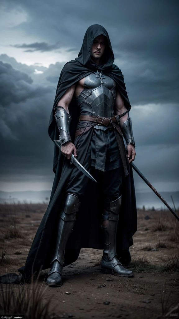 scenery: A desolate battlefield, under a stormy sky. The bodies of fallen soldiers lie scattered on the ground, soaked in the blood of the battle that just ended. In the center of the field, a single warrior faces a spectral figure: death.
The warrior: A tall and muscular man, with a battle-hardened face and a firm gaze. He wears war-worn armor and wields a broken sword in his right hand.. Despite the injuries and fatigue, his posture is defiant, with the determination to fight until the end.
death: A tall and thin figure, wrapped in a black cloak that hides her face. His eyes shine with a cold and deadly light, and in his right hand he carries a sharp scythe. death emana un aura de poder y terror, as if he were the personification of destruction itself.