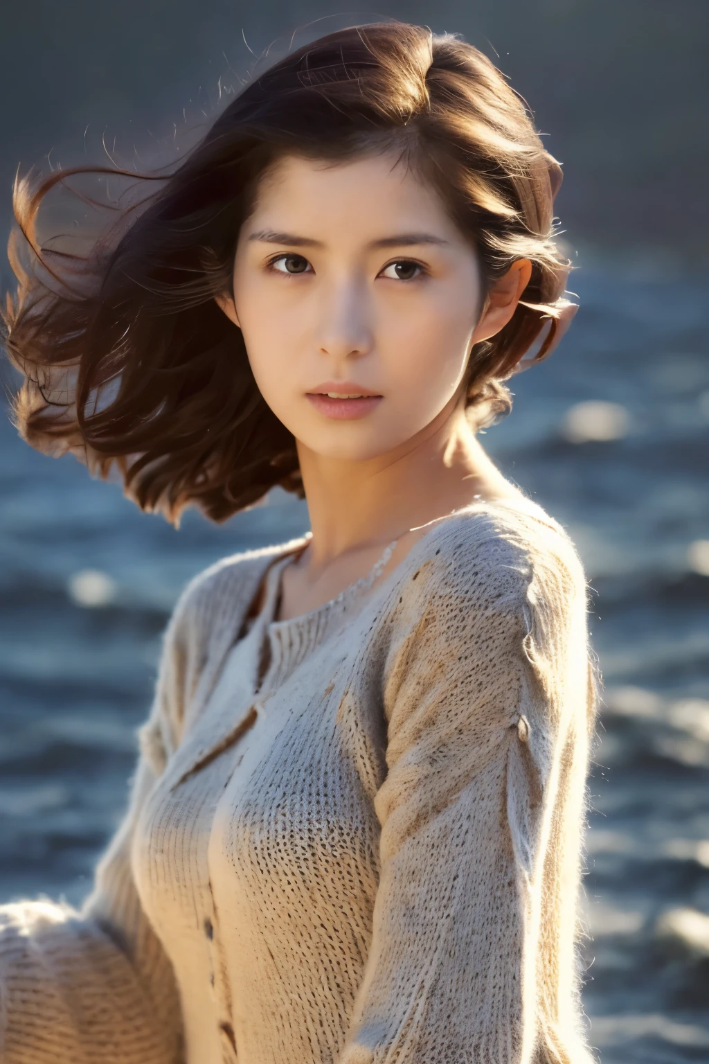 (knitwear), (top-quality, masterpiece:1.3, Super high resolution), (Photorealsitic:1.4, RAW shooting), Ultra-realistic capture, A highly detailed, high-definition 16K for human skin, Wistful, A skinny Japanese woman, 30 years old, cute face, ((Sadness face)), detailed face, detailed eyes, ((correct anatomy)), A dark-haired, Middle hair, ((Background of the sea in a starry night)), (((looking up afar at starry sky))), hair blowing in the wind