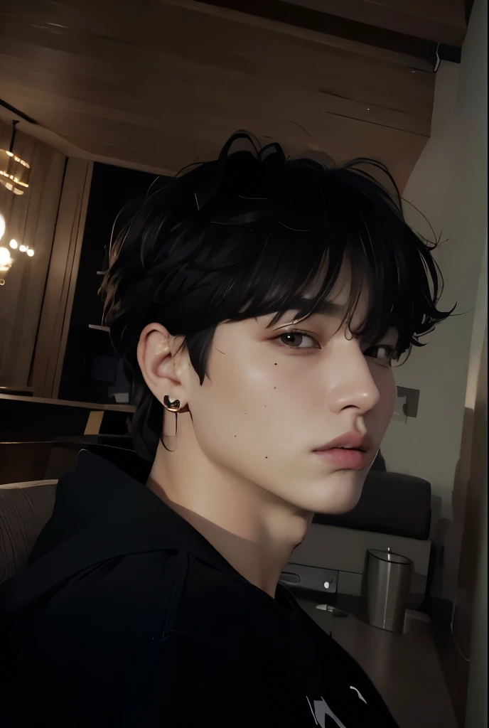 um close de jeom Jungkook com uma camisa preta e brincos, Jeon jungkook sitting on a couch with a cell phone, Jungkook/'s right eyelid swollen, Jeon jungkook, Jungkook,Jungkook, Jungkook\Plump lips, Jungkook/nariz grego, realista, Jungkook do BTS, Grupo BTS, androgynous face, Seseon Yoon, Foto de perfil do headshot, taken in the early 2020s