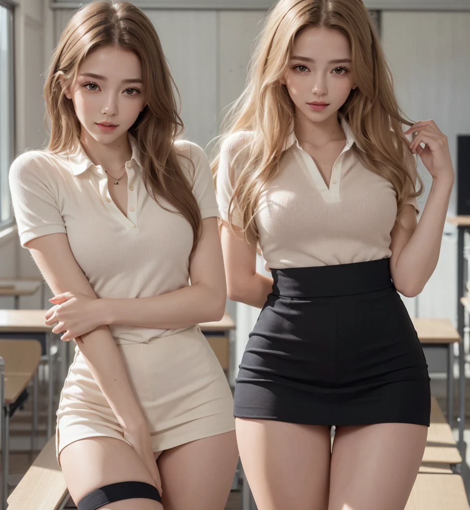 
Best quality, masterpiece, detailed, 16k, beautiful and detailed face, beautiful and detailed eyes, 8k, single woman, perfect body, perfect proportions, perfect face, 3/4 body shot, (long straight light blonde hair), ( in university classroom: 1.2), (wears polo shirt and black miniskirt), (perfect legs with long stockings, too sexy,