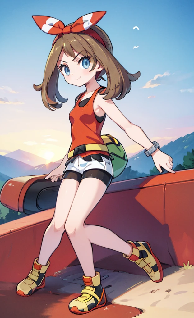 masterpiece,Highest quality,1 Girl,alone,Pokémon-like art style,(bold:1.6),(flat:1.5), may \(pokemon\), red shirt, tank top, headband, bow, white shorts, bike shorts under shorts, smile, sitting, yellow footwear, full body , pkmnmay, blue eyes, brown hair, hair ribbon, red hairband,red tank top, white shorts, black bike shorts, bike shorts under shorts, bracelet, looking at viewer, serious, standing, holding poke ball, outside, mountain, trees, dusk, sunset, high quality, masterpiece,