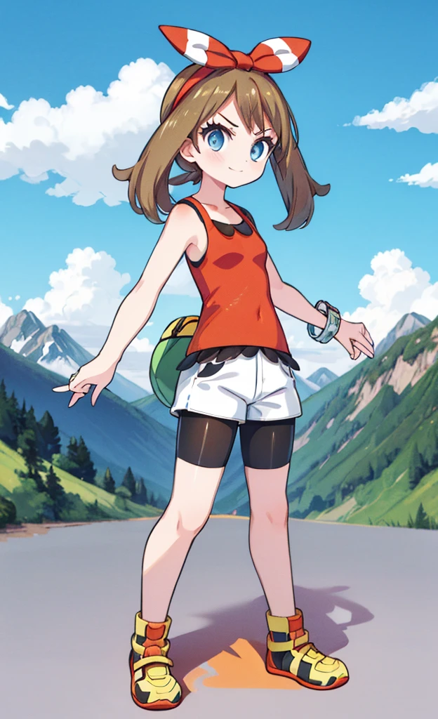 masterpiece,Highest quality,1 Girl,alone,Pokémon-like art style,(bold:1.6),(flat:1.5), may \(pokemon\), red shirt, tank top, headband, bow, white shorts, bike shorts under shorts, smile, sitting, yellow footwear, full body , pkmnmay, blue eyes, brown hair, hair ribbon, red hairband,red tank top, white shorts, black bike shorts, bike shorts under shorts, bracelet, looking at viewer, serious, standing, holding poke ball, outside, mountain, trees, dusk, sunset, high quality, masterpiece,