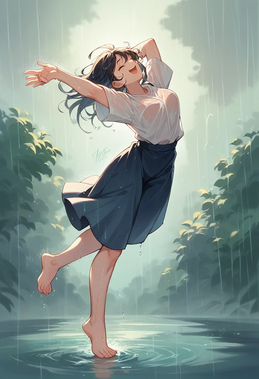 Prompt :
On the top of the Alps, a beautiful Taiwanese girl (with clear facial features) wearing a large white shirt, soaked by heavy rain, dancing barefoot, happy, rain in the sky