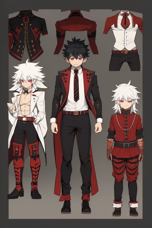 Izuku Midoriya character sheet from My Hero Academia, Vampire, incubus, red eyes and white hair, bat wings, black clothes, black steampunk pants, red shirt, black vest, pale skin. Looking directly at the viewer
