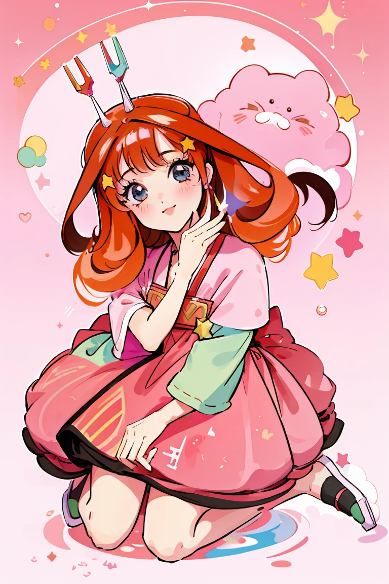 ((best quality)), ((masterpiece)), (detailed), perfect face, 1girl, nakano itsuki, smiling, whimsical, triad color pallette, looking at viewer, pink water droplets, smiling, flat colouring, full body, blank space on the left, fluffy red hair, star hairclips