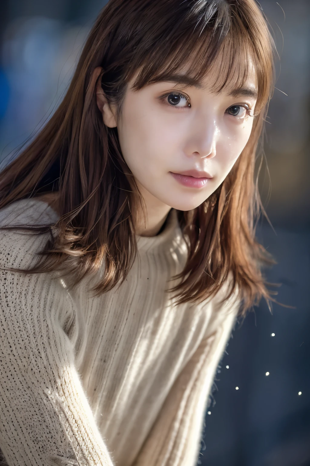 (knitwear), (top-quality, masterpiece:1.3, Super high resolution), (Photorealsitic:1.4, RAW shooting), Ultra-realistic capture, A highly detailed, high-definition 16K for human skin, Wistful, A skinny Japanese woman, 30 years old, cute face, ((Sadness face)), detailed face, detailed eyes, ((correct anatomy)), A dark-haired, Middle hair, ((Background of the sea in a starry night)), (((looking up afar at starry sky))), hair blowing in the wind