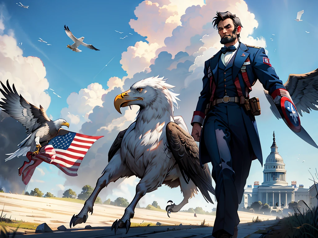 Abraham Lincoln dressed as Captain America with the White House in the background on a sunny day, the United States flag in the background with eagles flying in the distance,