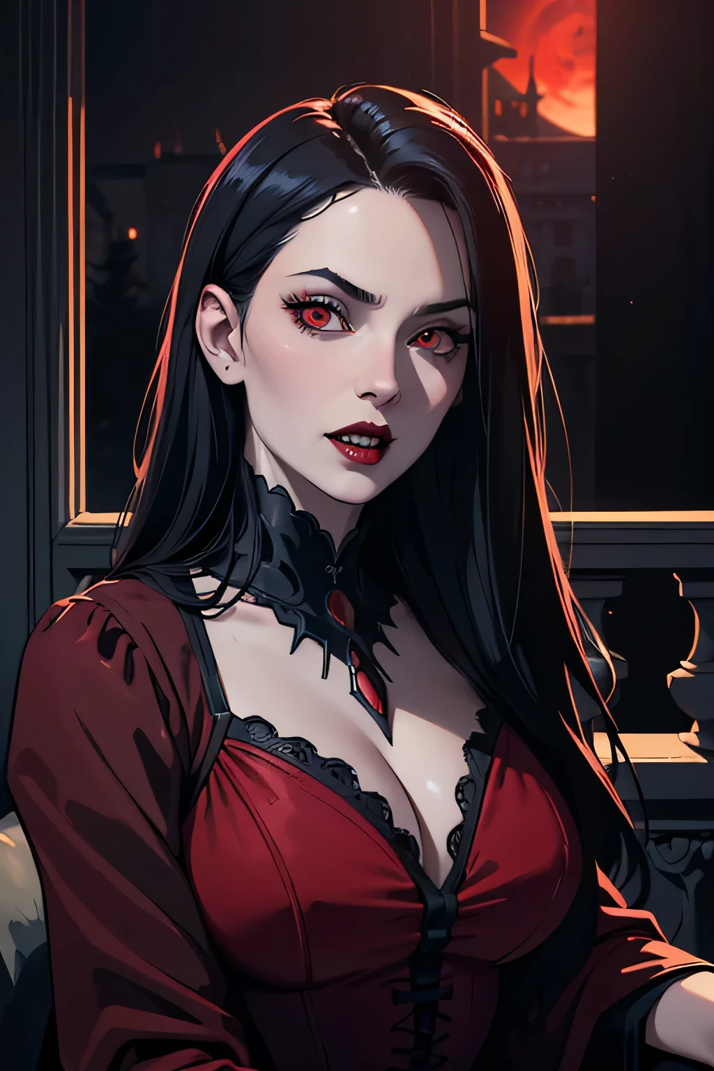 (close up, portrait, digital art, digital illustration, 4K, 8K, super detailed, beautiful images, clear image, realistic, RAW photo, perfect face, perfect lines, perfect eyes, soft lighting) ,1 female,(long black hair,40 years old,(manor background),vampire woman,leaning on the balcony,scary red eyes,vampire fangs,pale skin,eerie red eyes,red lips,menancing,cleavege,big breasts,sexy,looking at the viewer,baring her teeth,nighttime,gothic black gown,sharp teeth,milf,mommy