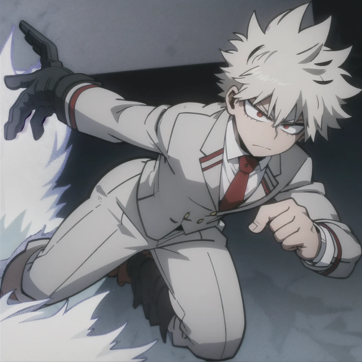 1 boy, muscular body, short spiky hair, white hair, red eyes, frown, gray jacket, red tie, white shirt, teal pants, boots 