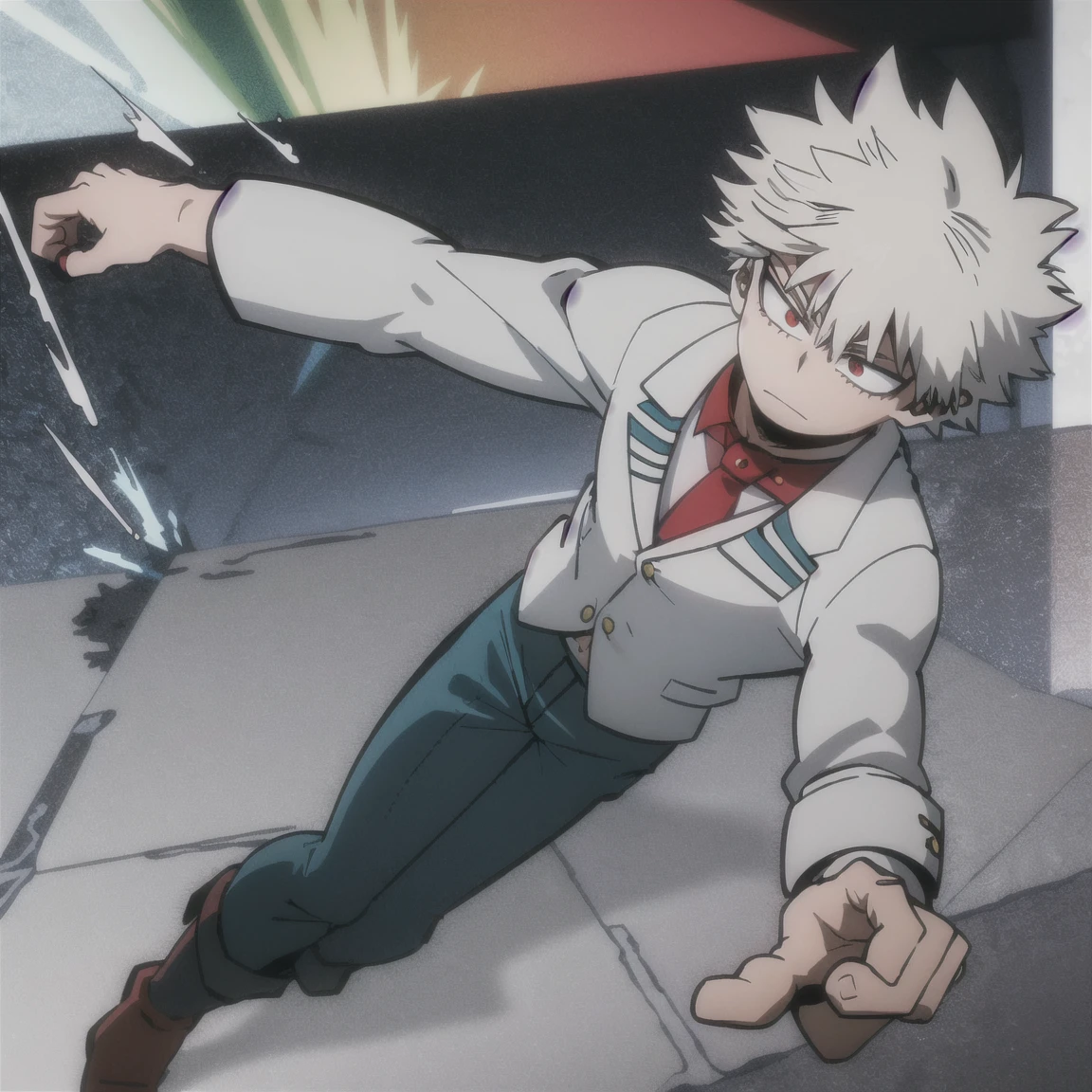 1 boy, muscular body, short spiky hair, white hair, red eyes, frown, gray jacket, red tie, white shirt, teal pants, boots 