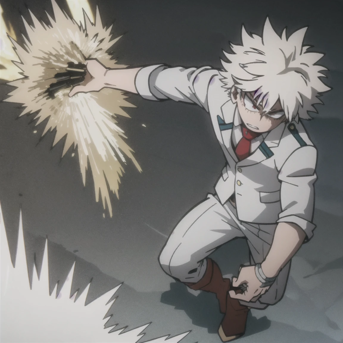 1 boy, muscular body, short spiky hair, white hair, red eyes, frown, gray jacket, red tie, white shirt, teal pants, boots 