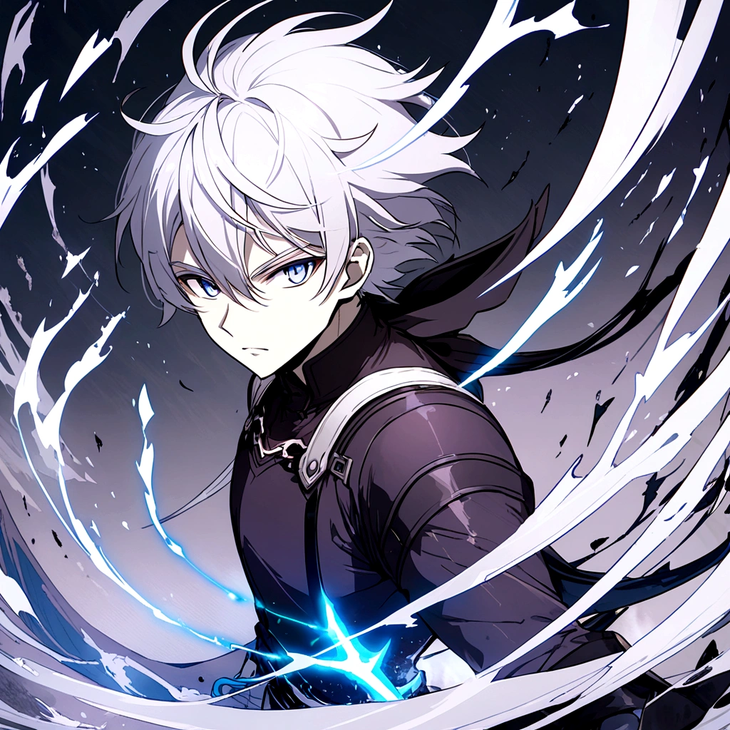 The handsome young man in anime style with long white hair, muscular , panoramic view , blue eyes