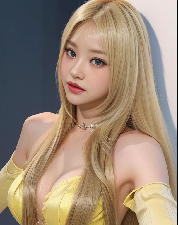 A closeup of a woman with long blonde hair wearing a yellow bra, long blonde hair and big eyes, long blonde hair and big eyes, blonde hair and big eyes, korean girl, beautiful south korean woman, Beautiful young Korean woman, 8k selfie photography, with long blonde hair, Blonde and attractive features., she tit, blonde girl, sexy look at the camera