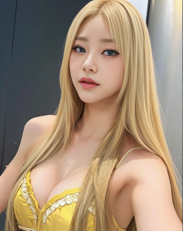 A closeup of a woman with long blonde hair wearing a yellow bra, long blonde hair and big eyes, long blonde hair and big eyes, blonde hair and big eyes, korean girl, beautiful south korean woman, Beautiful young Korean woman, 8k selfie photography, with long blonde hair, Blonde and attractive features., she tit, blonde girl, sexy look at the camera